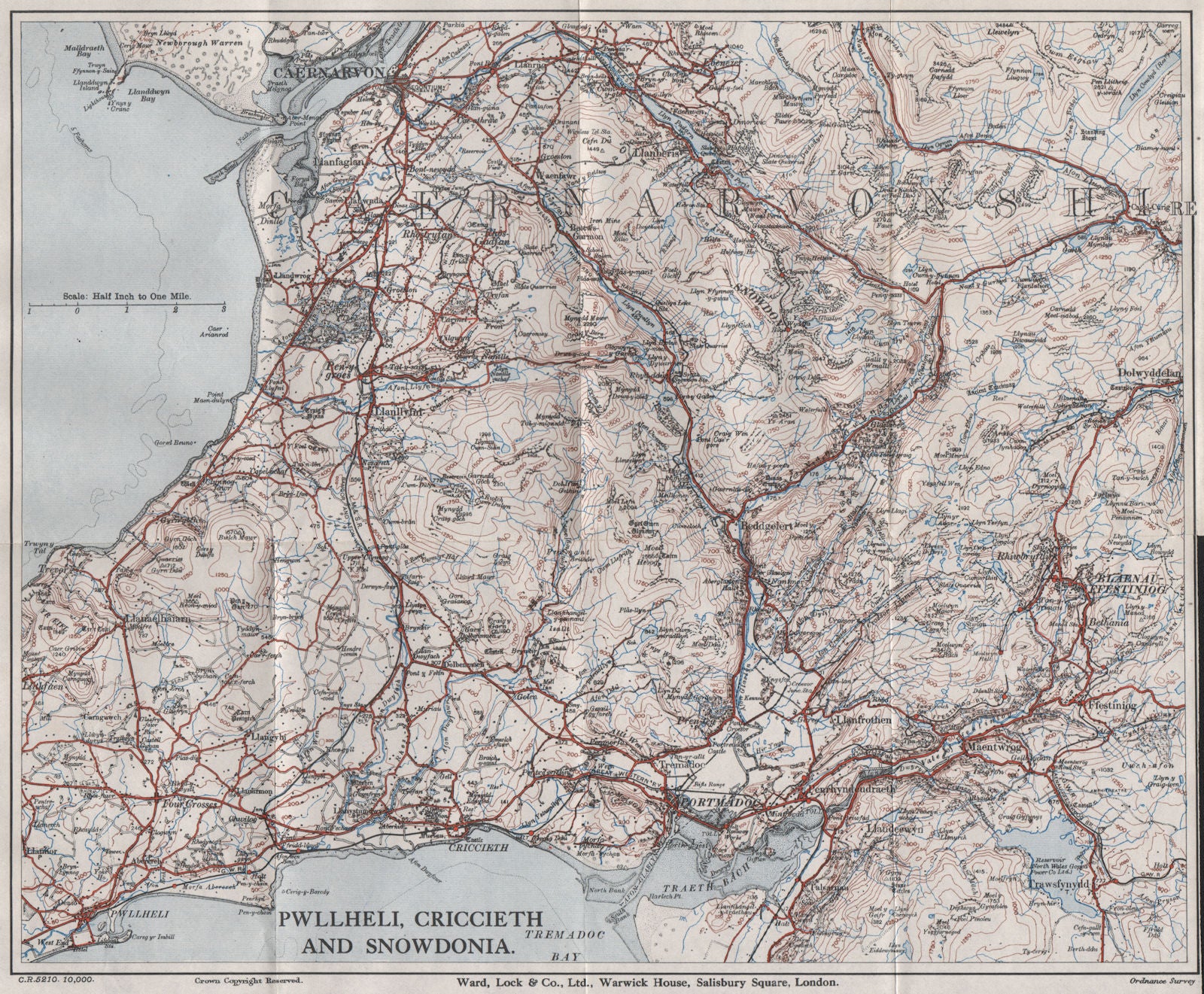 SNOWDONIA NORTH. Pwllheli Criccieth Carnarvon Llanberis. WARD LOCK 1936 map